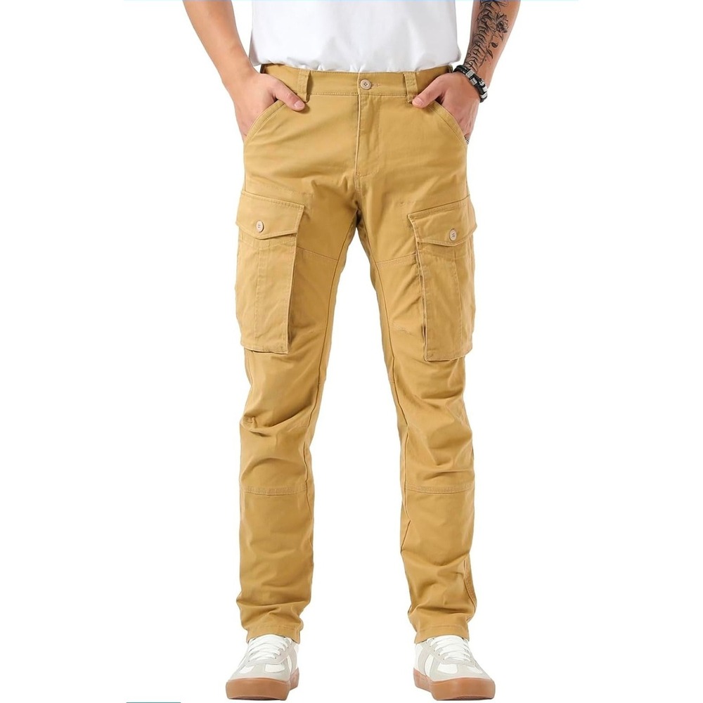 Plaid&Plain Mens Khaki Cargo Pants Slim Straight‎ Utility Twill C804 31W x 34L